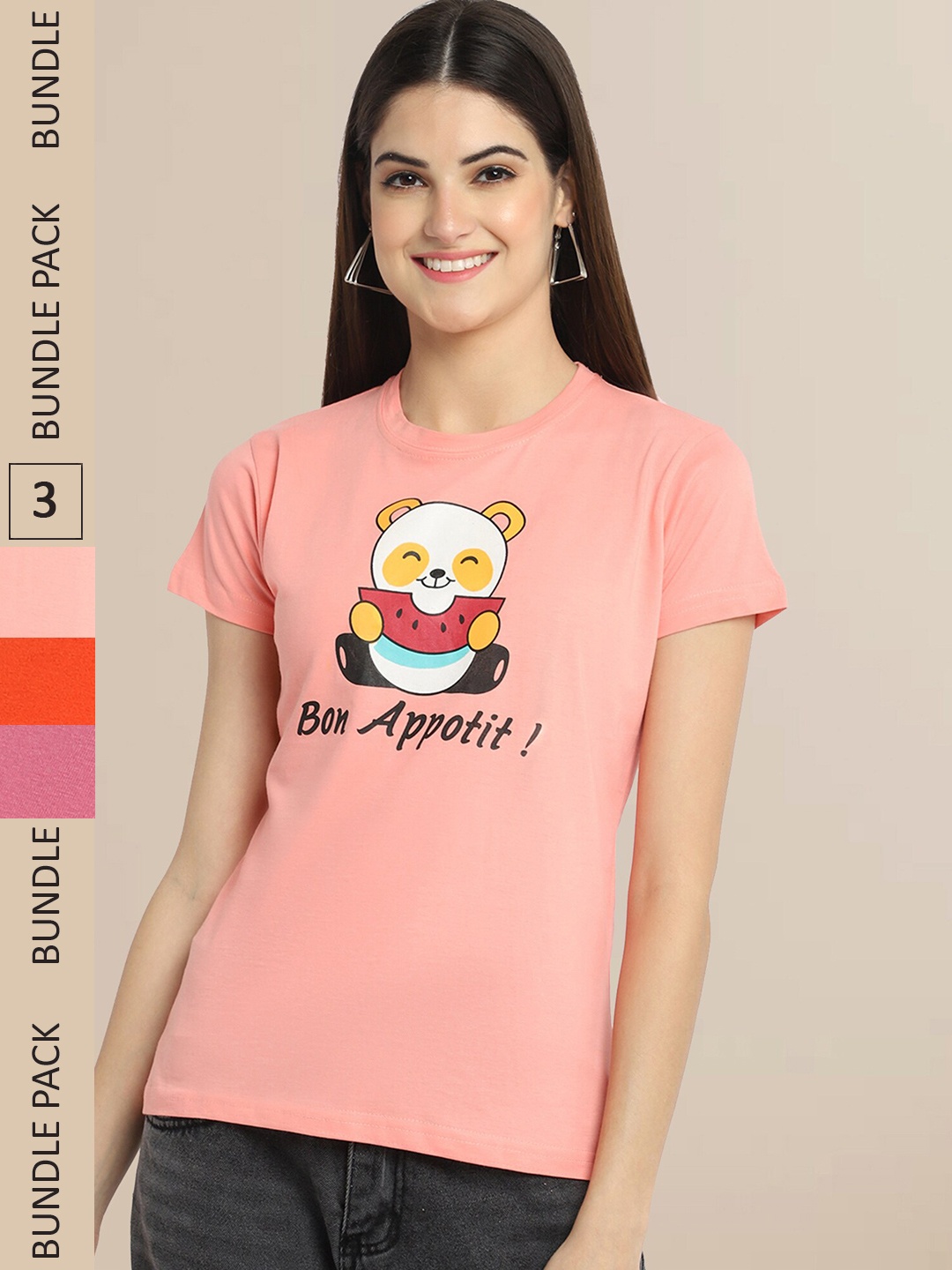 

Fabflee Women Pack of 3 Cotton T-shirt, Peach
