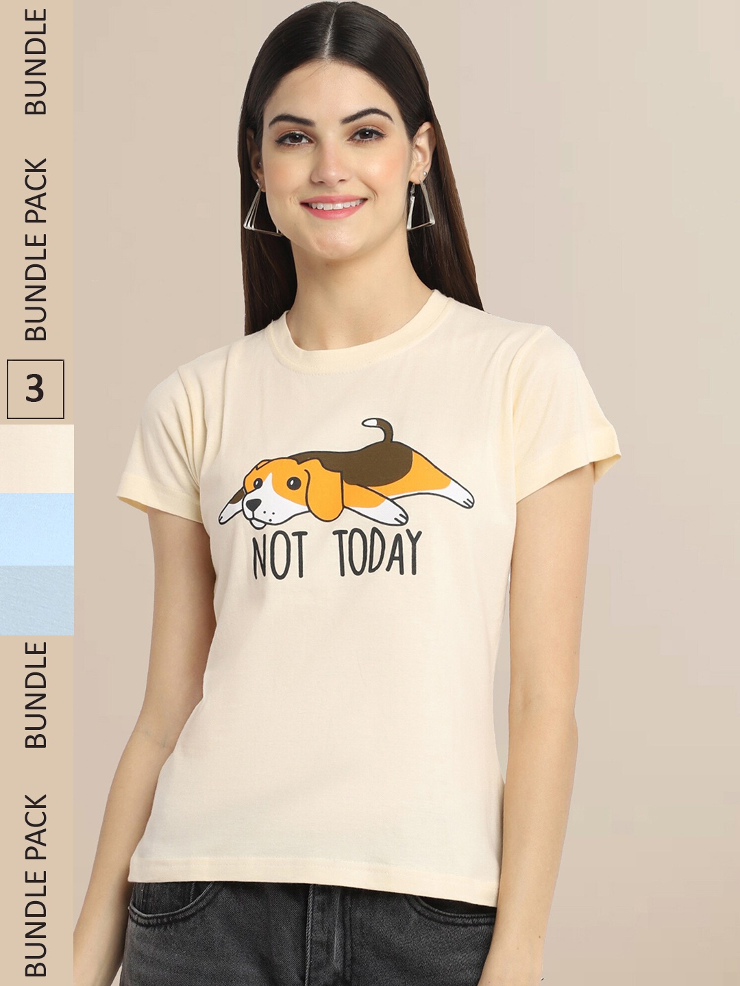 

Fabflee Pack Of 3 Printed Cotton T-shirt, Beige