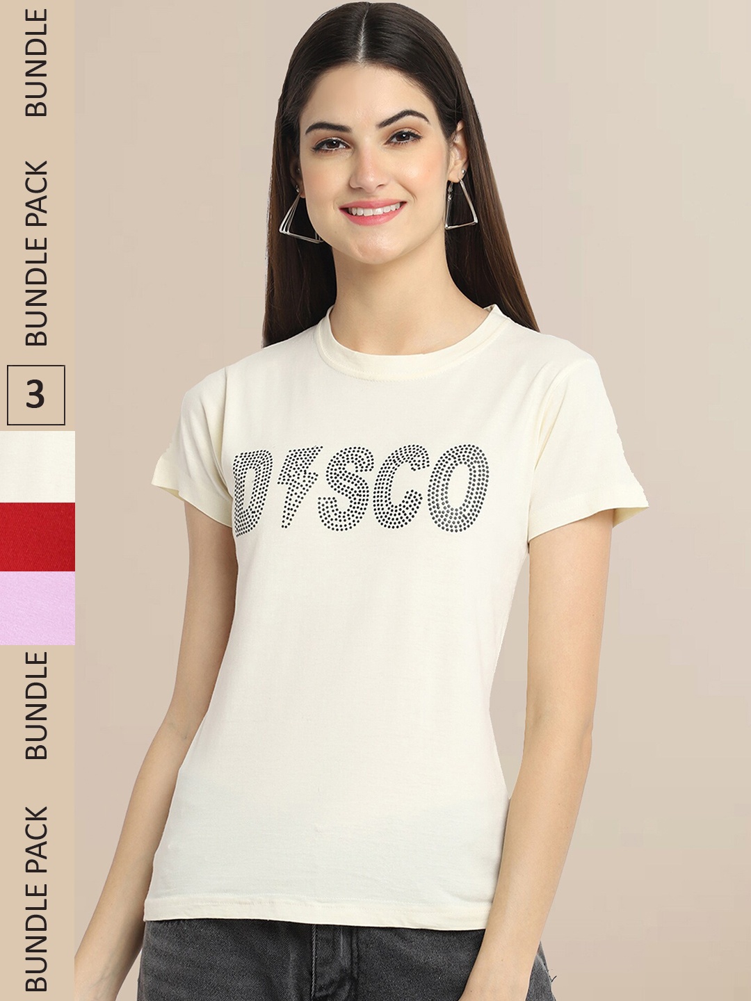 Fabflee Pack Of 3 Women Typography Printed Cotton T-shirt, Beige