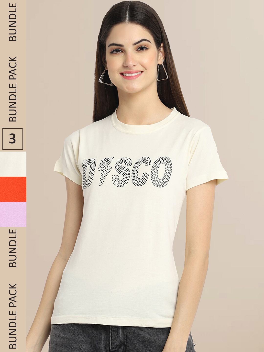 Fabflee Pack Of 3 Women Typography Printed Cotton T-shirt, Beige
