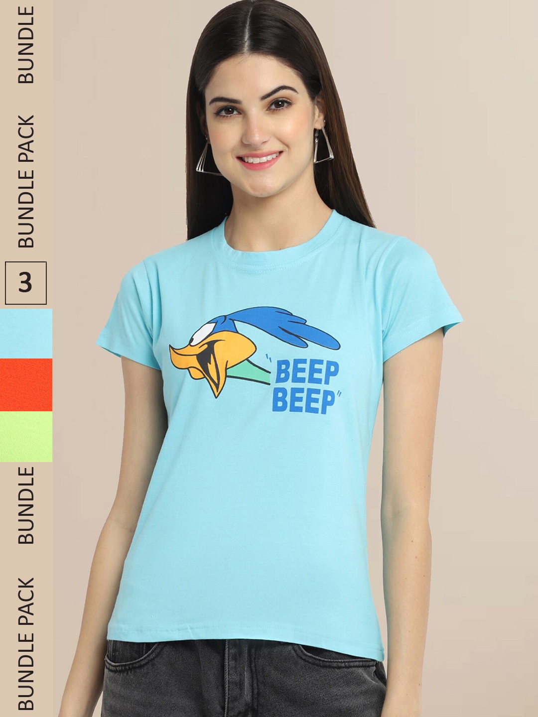 

Fabflee Pack Of 3 Women Typography Printed Cotton T-shirt, Blue