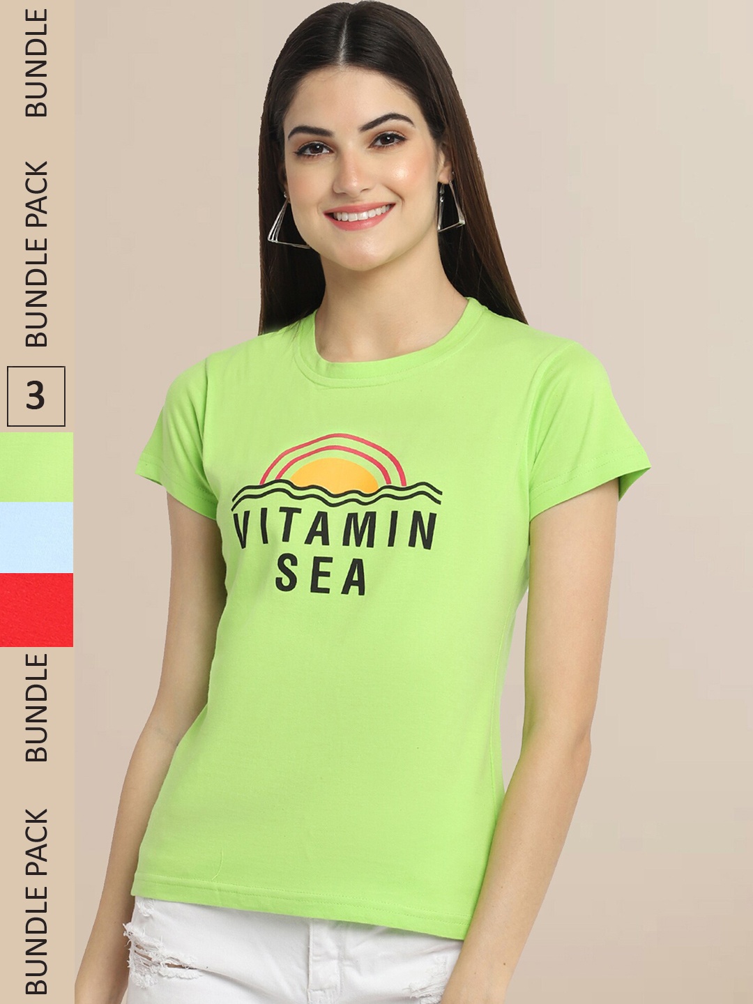 

Fabflee Pack Of 3 Women Typography Printed Cotton T-shirt, Lime green