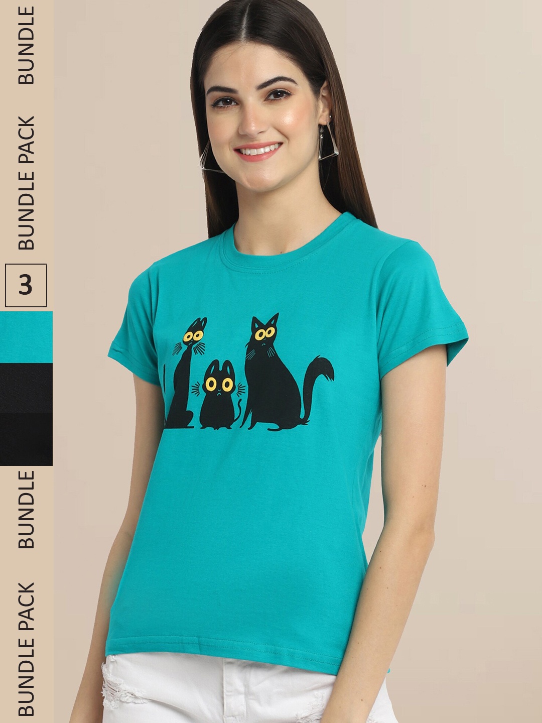 Fabflee Pack Of 3 Women Typography Printed Cotton T-shirt, Turquoise blue