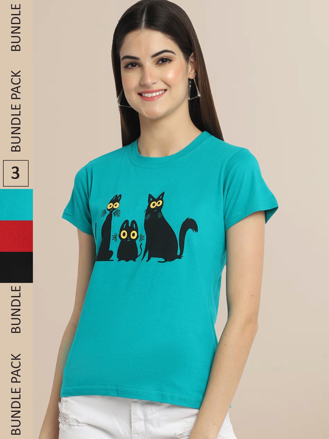 

Fabflee Pack Of 3 Women Typography Printed Cotton T-shirt, Turquoise blue