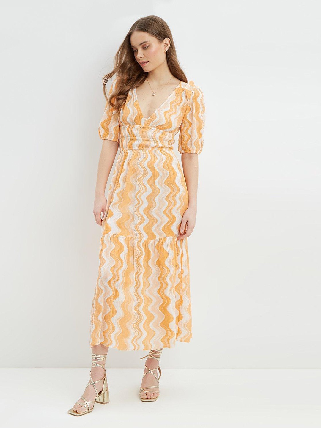 

DOROTHY PERKINS Orange & Off White Printed Ruched Midi Dress