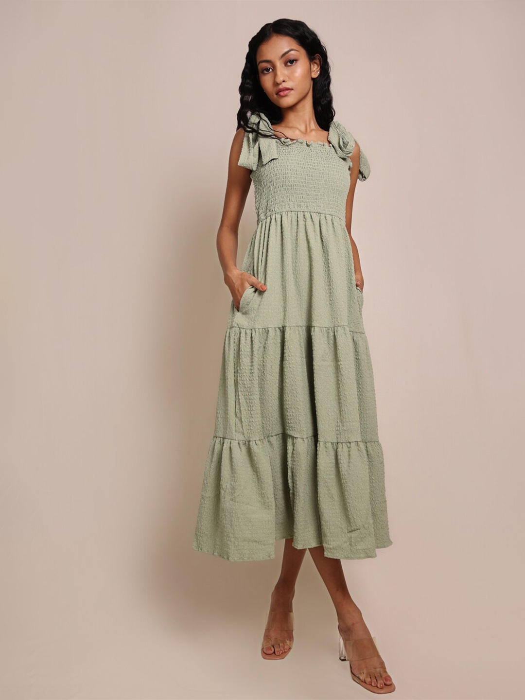 

ELEVEN.O.ONE Green Smocked Tiered A-Line Midi Dress