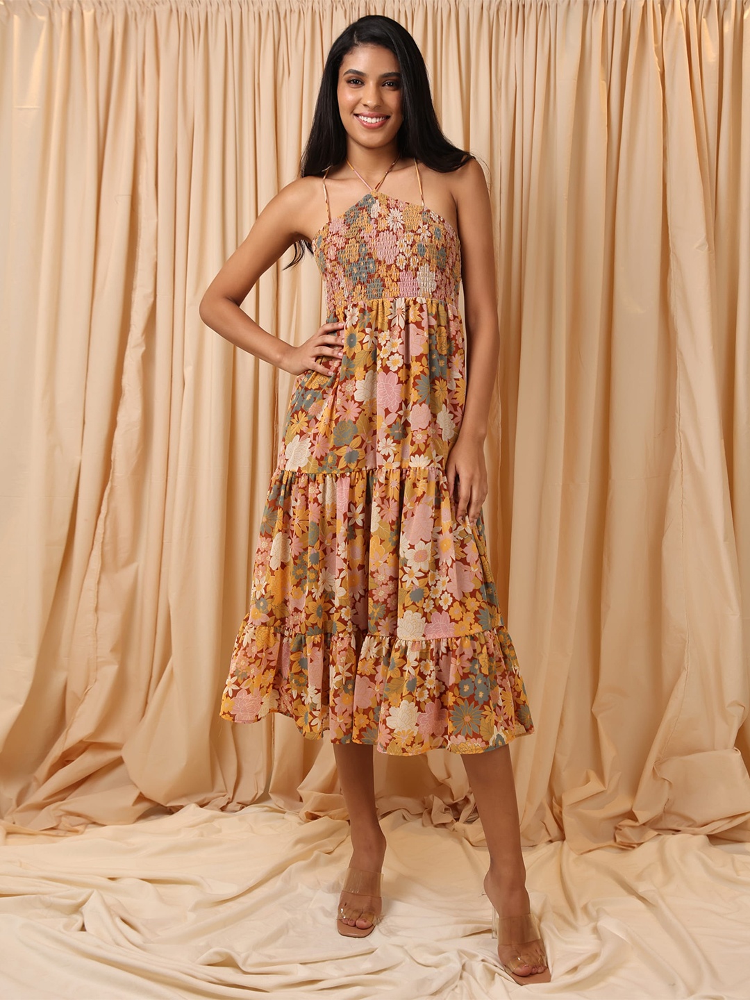 

ELEVEN.O.ONE Beige Floral Printed Tiered A-Line Dress