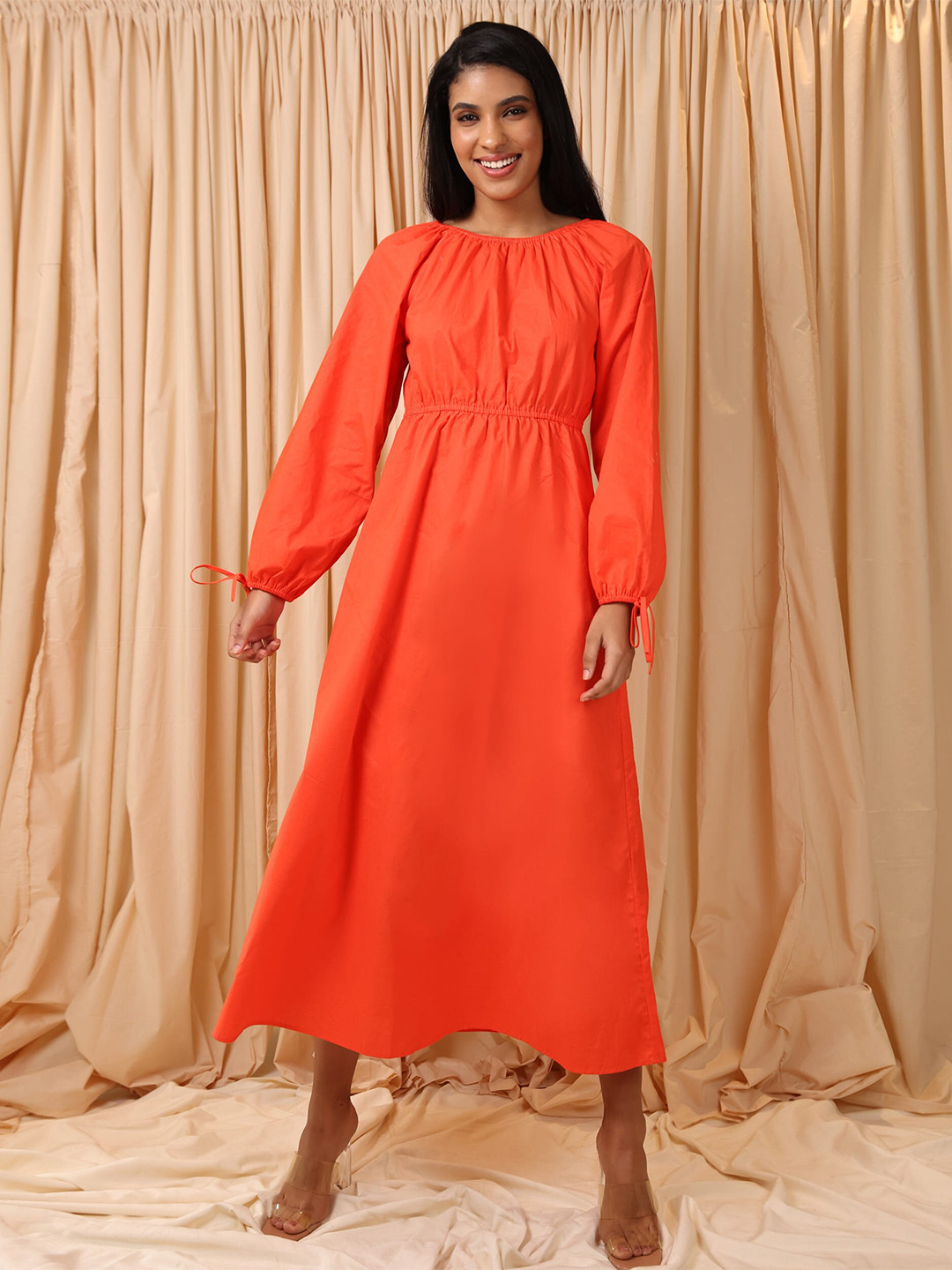 

ELEVEN.O.ONE Orange Tie-Up Detailed Puff Sleeves A-Line Maxi Cotton Dress