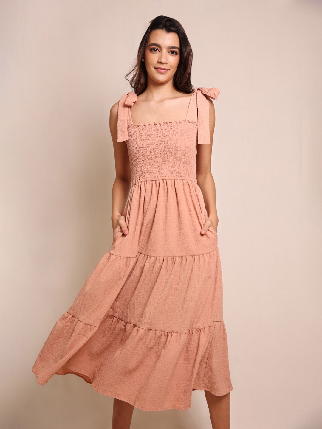 

ELEVEN.O.ONE Beige Smocked Tiered A-Line Midi Dress