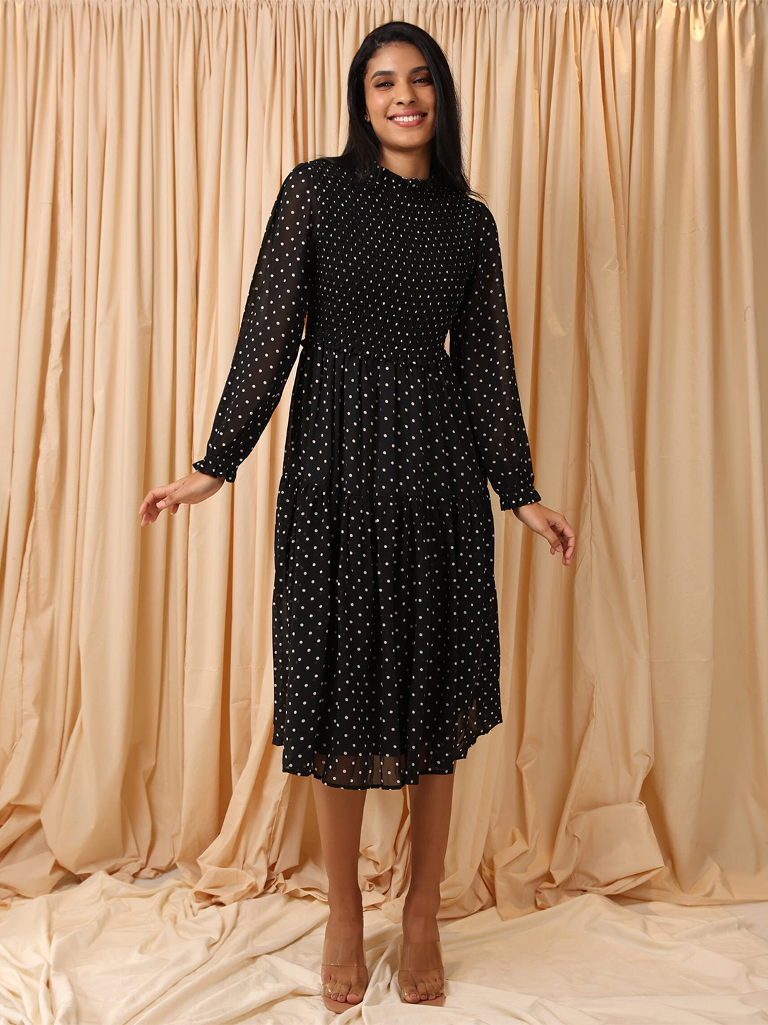 

ELEVEN.O.ONE Black & White Polka Dots Midi Fit & Flare Dress