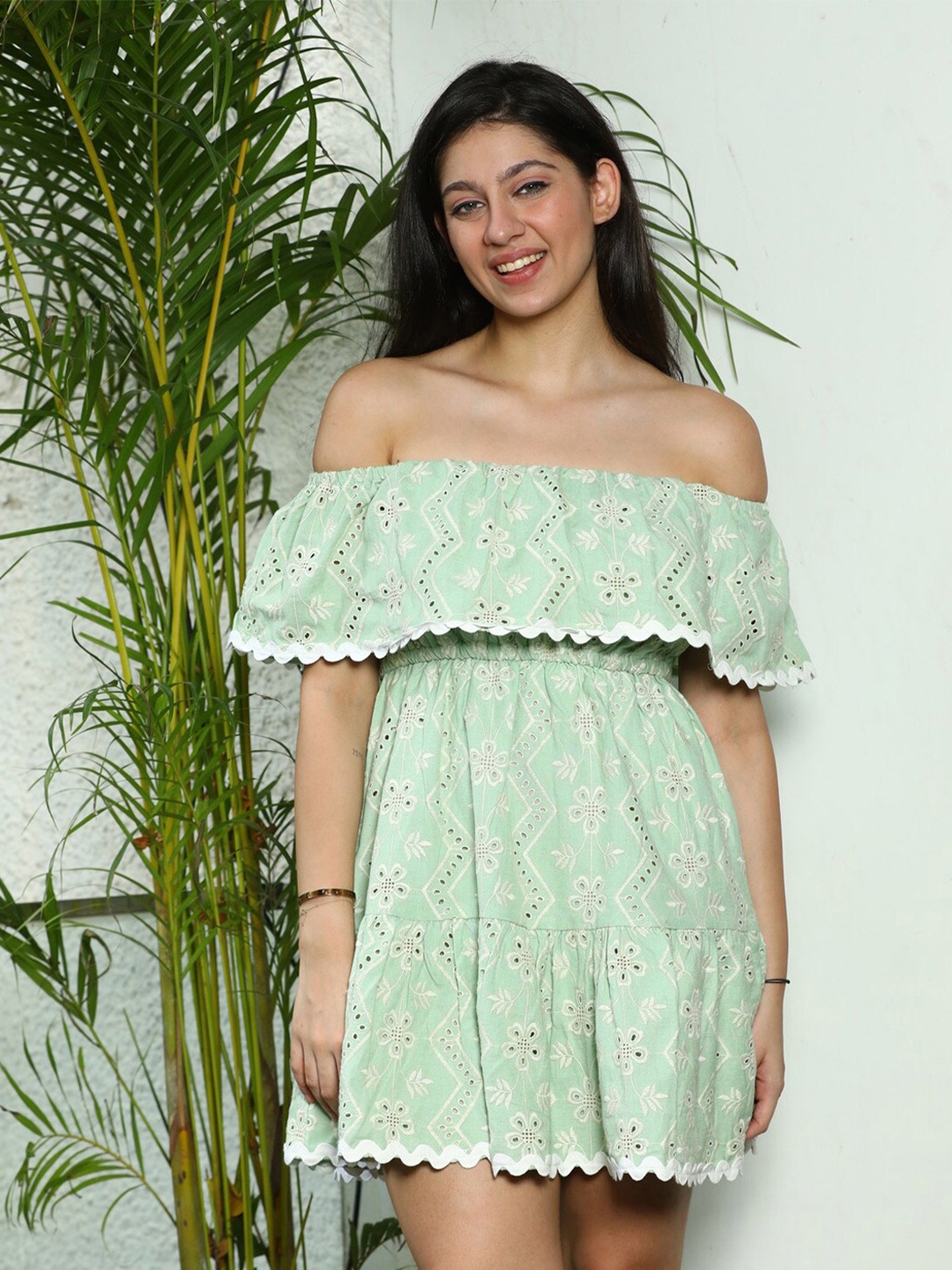 

ELEVEN.O.ONE Green Off-Shoulder A-Line Mini Cotton Dress