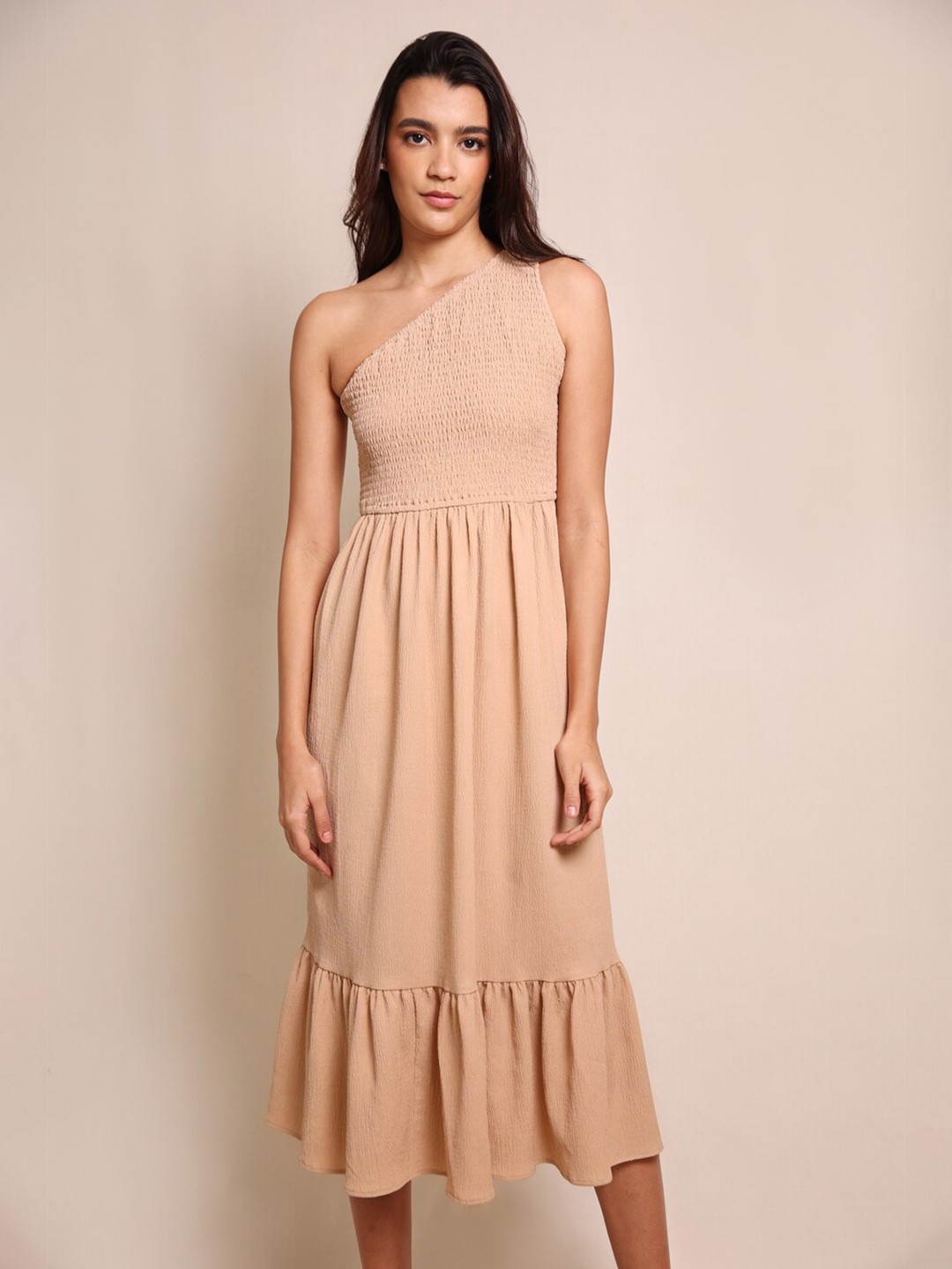 

ELEVEN.O.ONE Beige Asymmetric Neck Flounce Fit & Flare Midi Dress