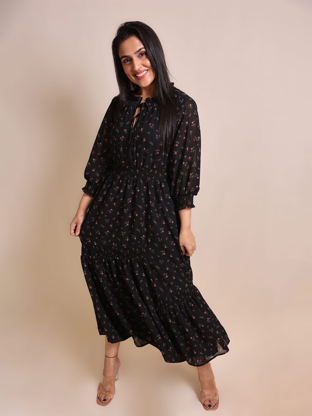 

ELEVEN.O.ONE Black Floral Printed Tie-Up Neck Tiered Fit & Flared Midi Dress