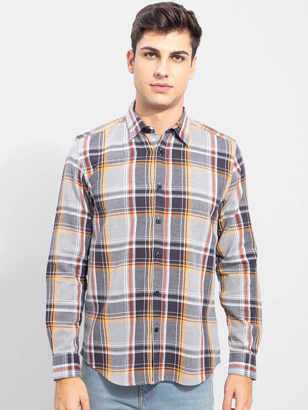 

Snitch Men Grey & Orange Slim Fit Tartan Checks Checked Casual Shirt