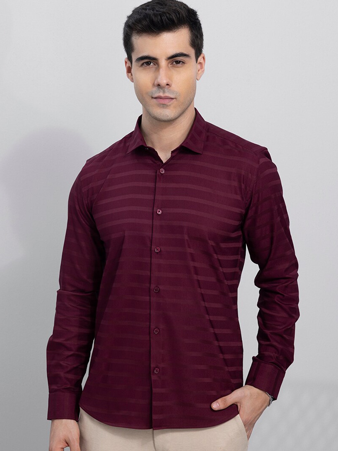 

Snitch Men Slim Fit Horizontal Striped Cotton Casual Shirt, Red