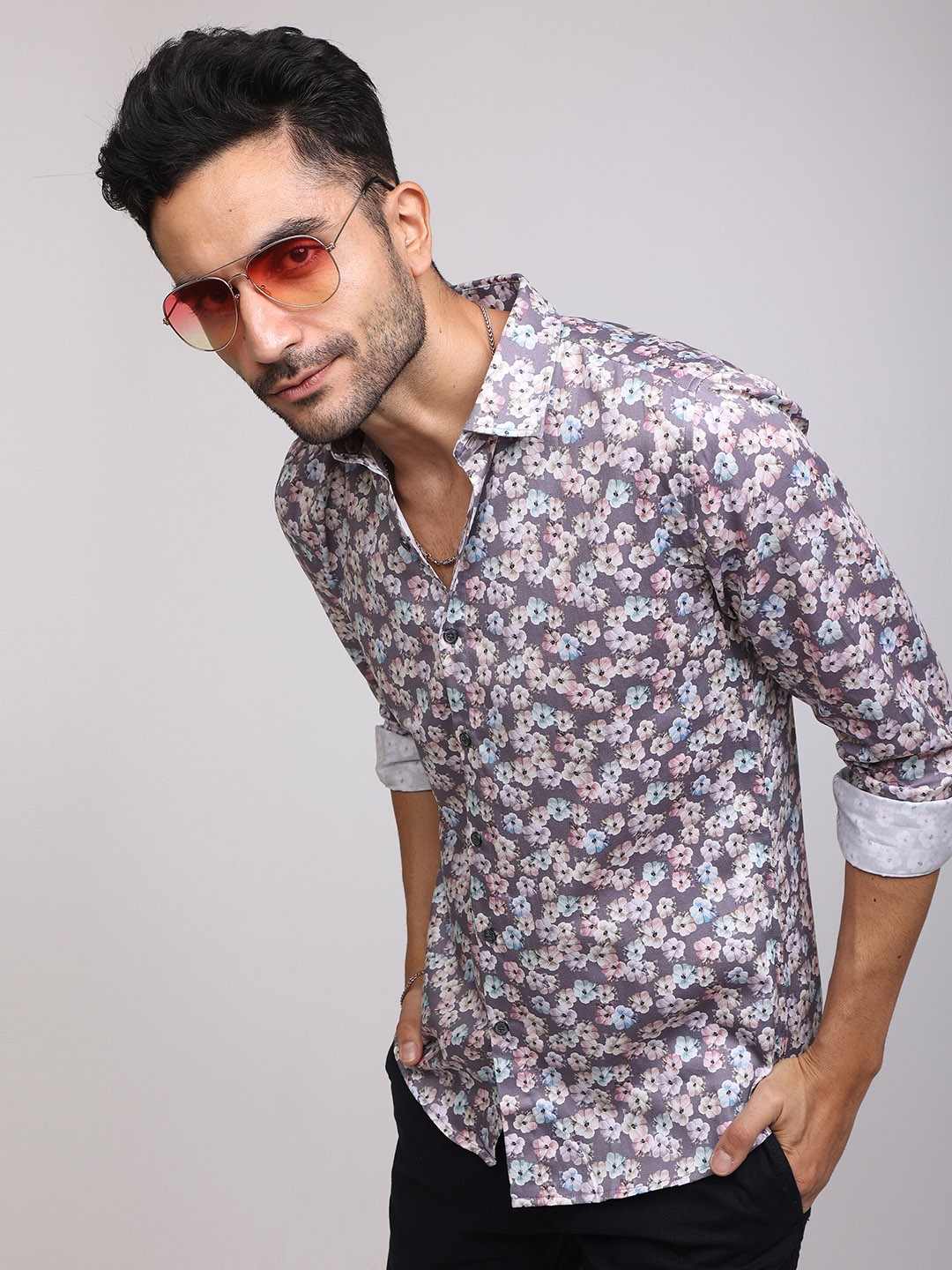 

Snitch Men Slim Fit Floral Printed Cotton Casual Shirt, Mauve