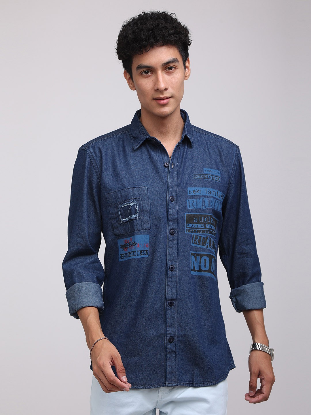 

Snitch Men Slim Fit Printed Cotton Casual Shirt, Blue