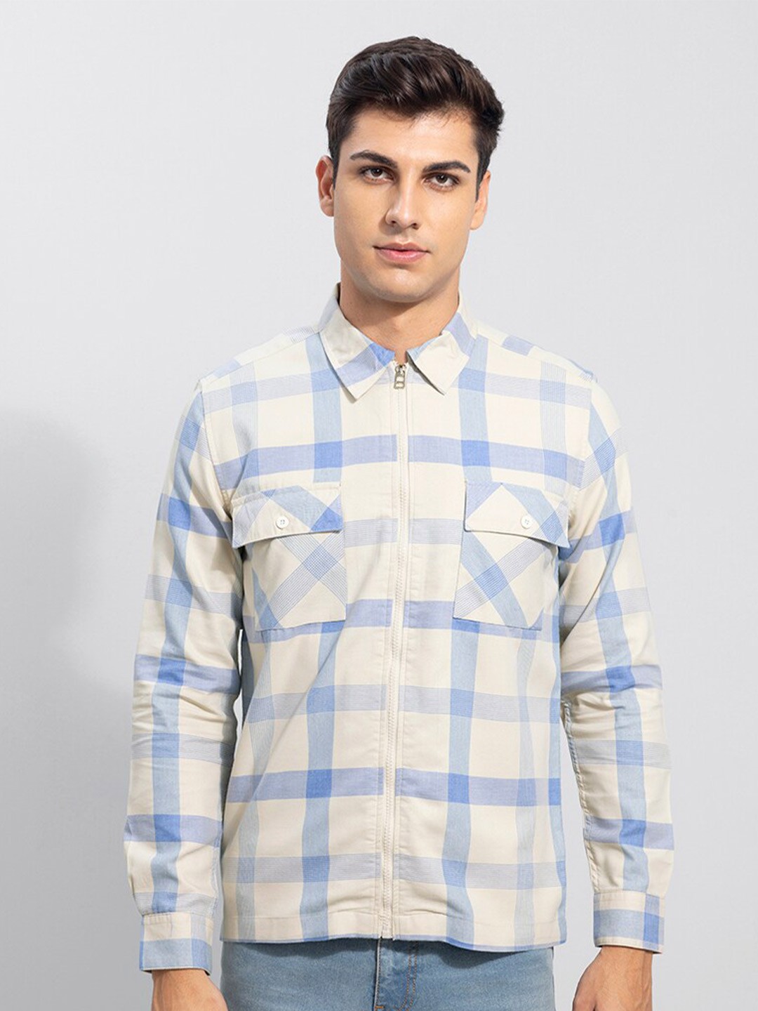 

Snitch Men Cream-Coloured Slim Fit Checked Casual Cotton Shirt
