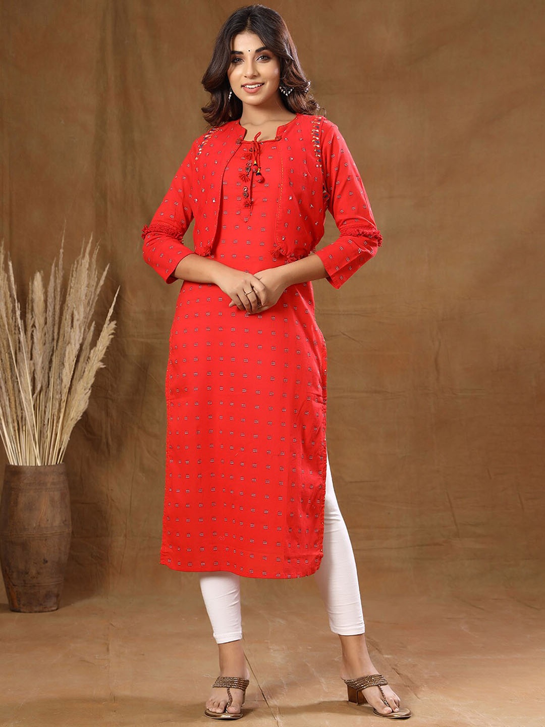 

KAAJH Geometric Printed Straight Pure Cotton Kurta, Red