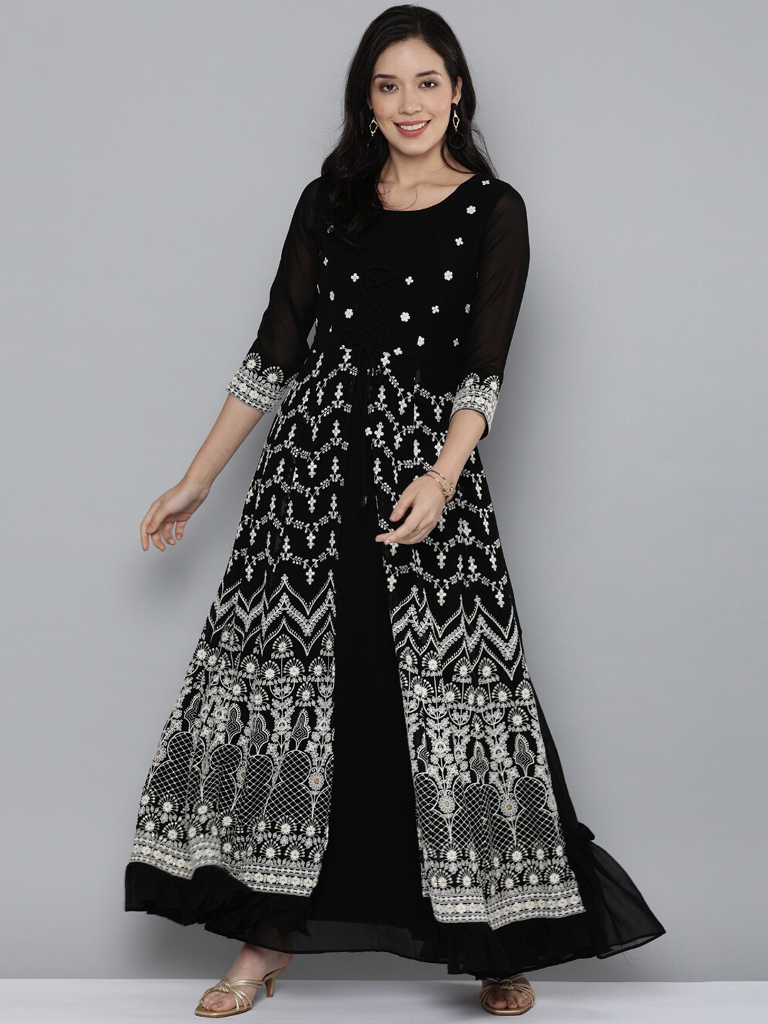 

Kvsfab Floral Embroidered Thread Work Georgette Kurta, Black