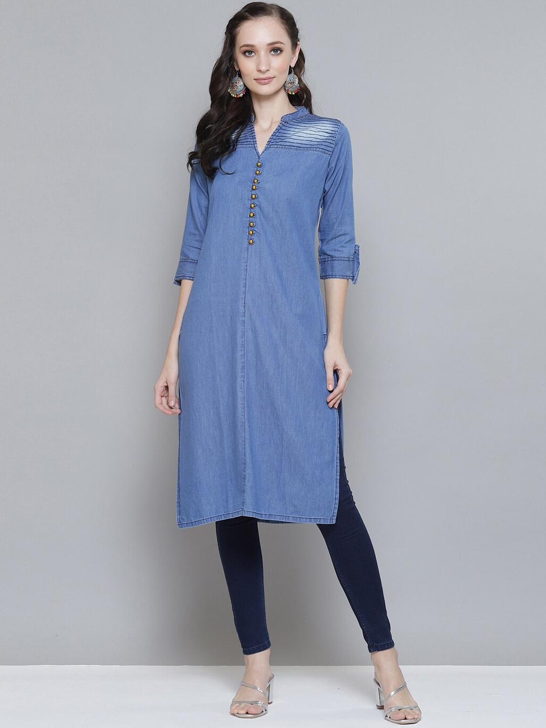 

Kvsfab Mandarin Collar Denim Cotton A-line Kurta, Blue