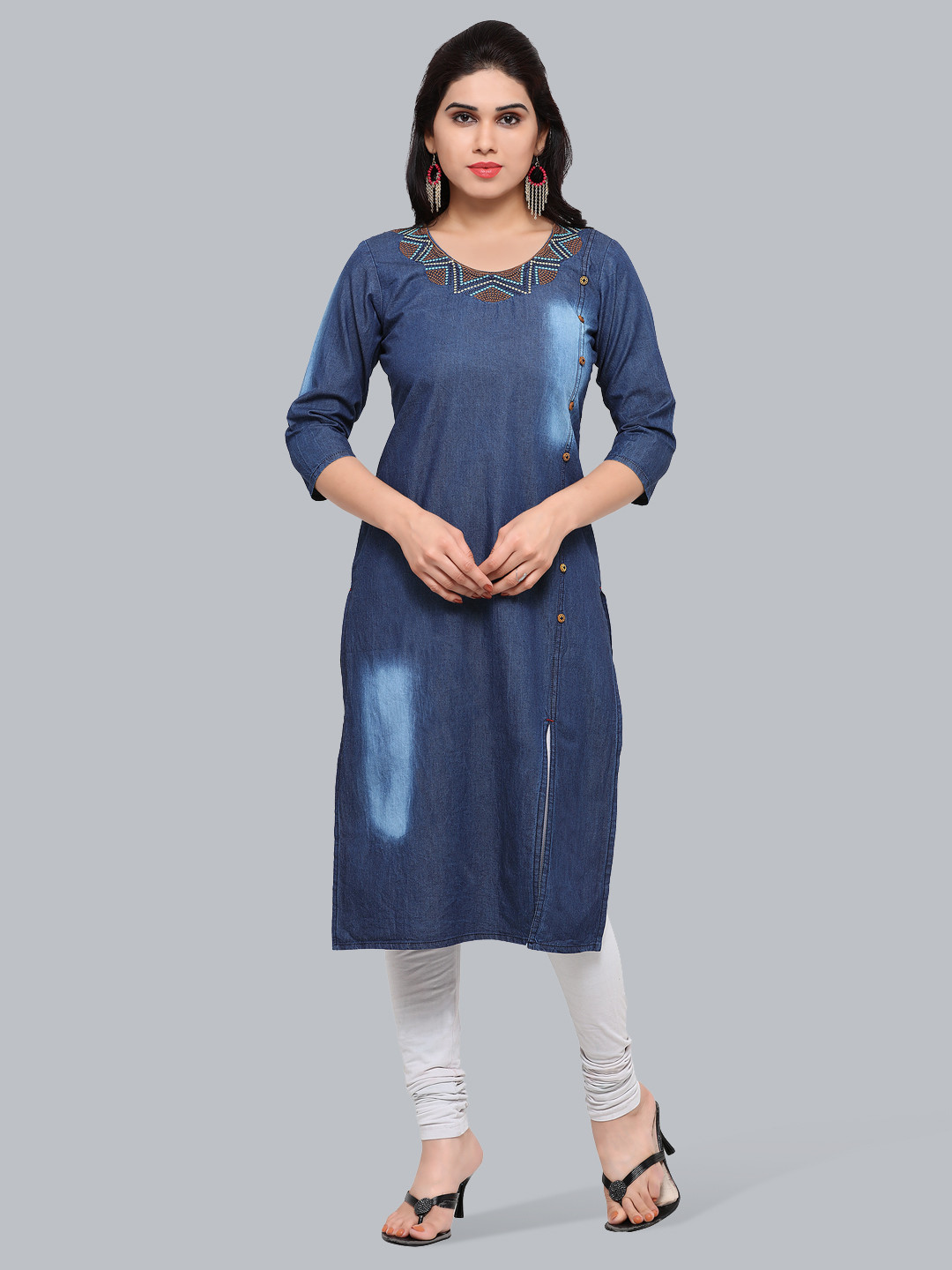 

Kvsfab Round Neck Denim A-Line Regular Fit Cotton Kurta, Blue
