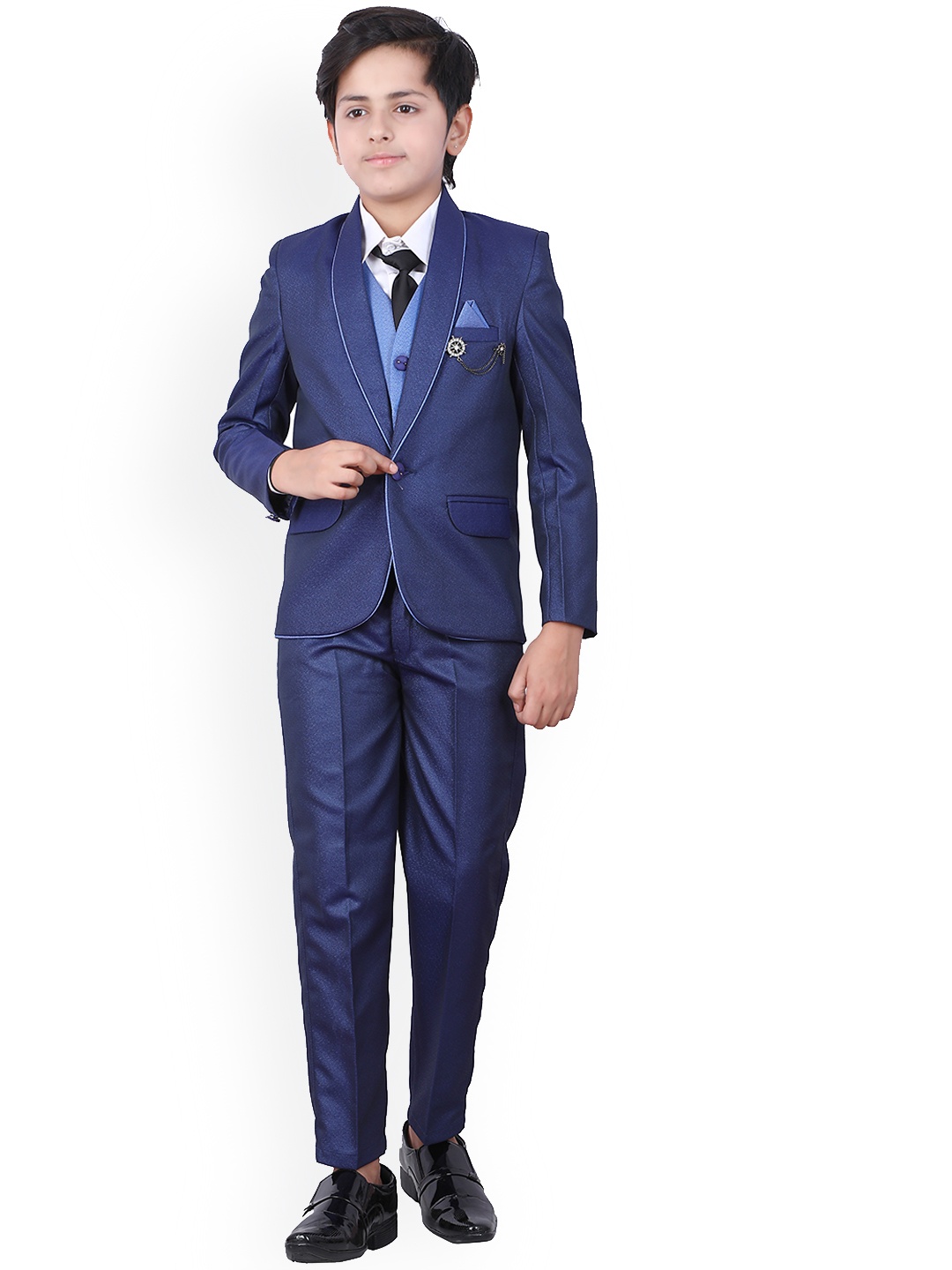 

FOURFOLDS Boys Blue Solid 5-Piece Single-Breasted Suits