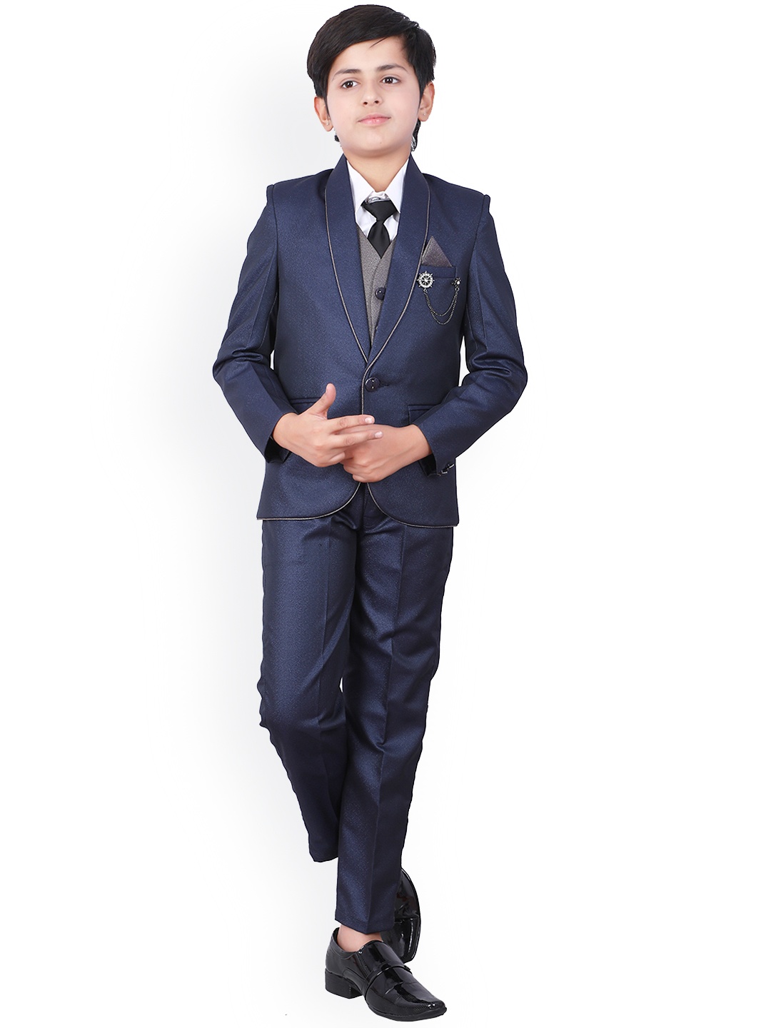 

FOURFOLDS Boys Navy Blue Solid 5 Piece Single Breasted Partywear Suit