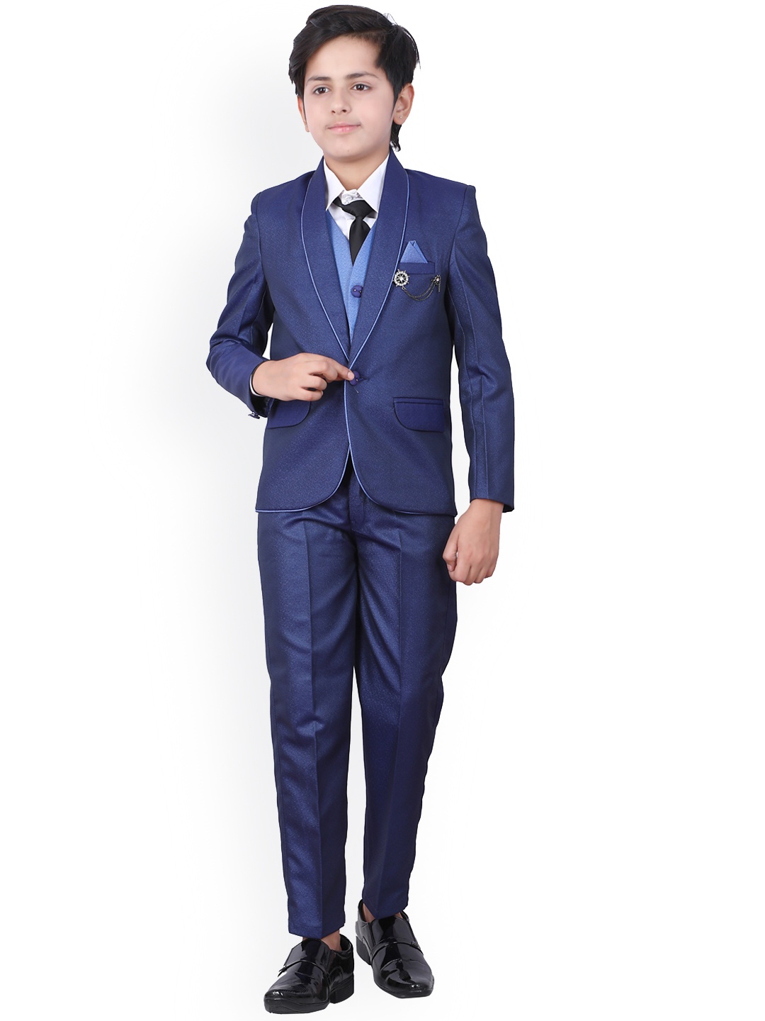 

FOURFOLDS Boys Blue Solid Single-Breast 5-Piece Suits