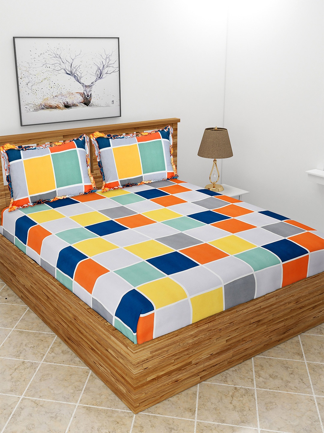 

MORADO White & Green Geometric 210 TC Queen Bedsheet with 2 Pillow Covers