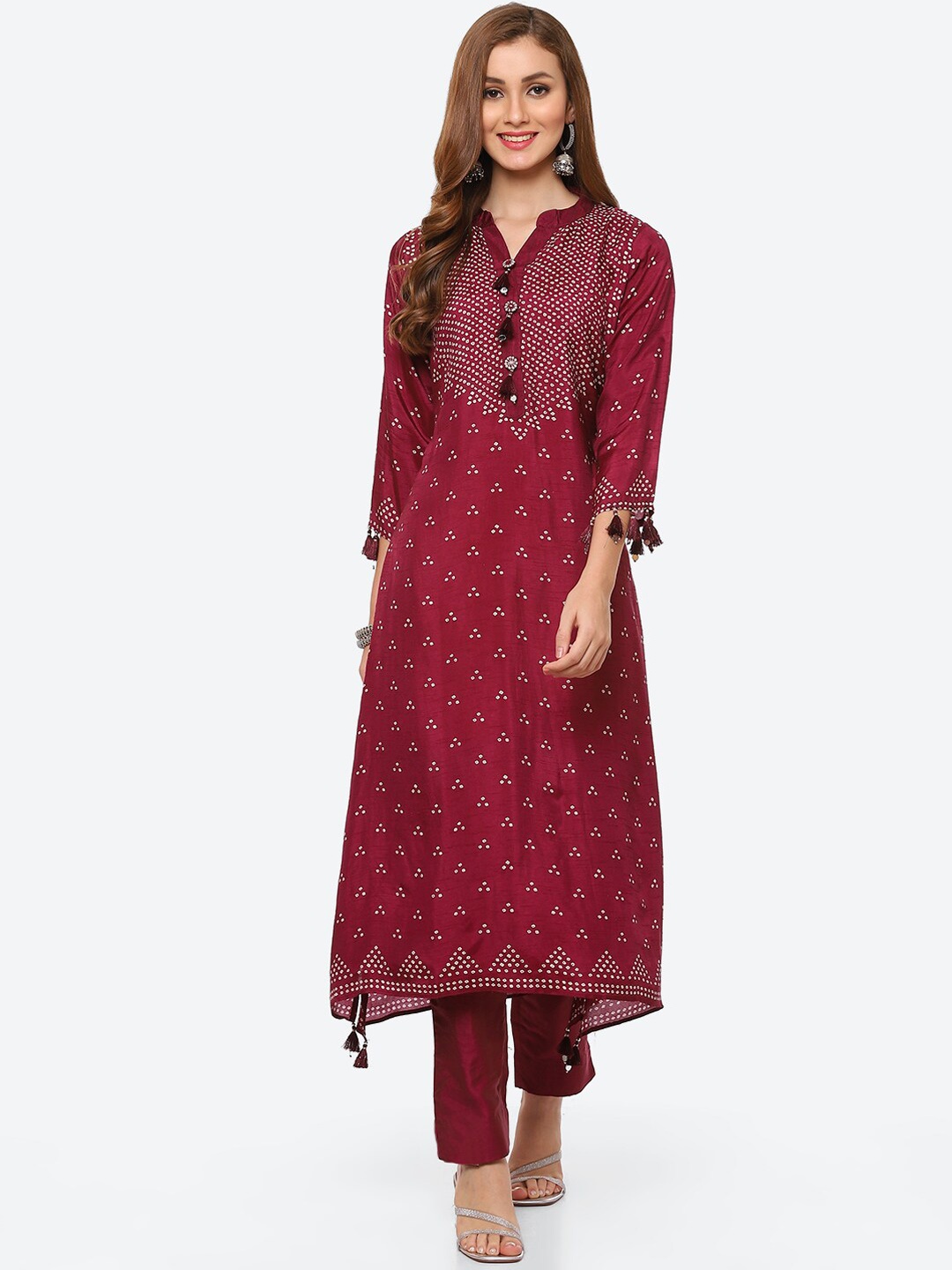 

Meena Bazaar Women Burgundy Bandhani Printed Kurta with Trousers
