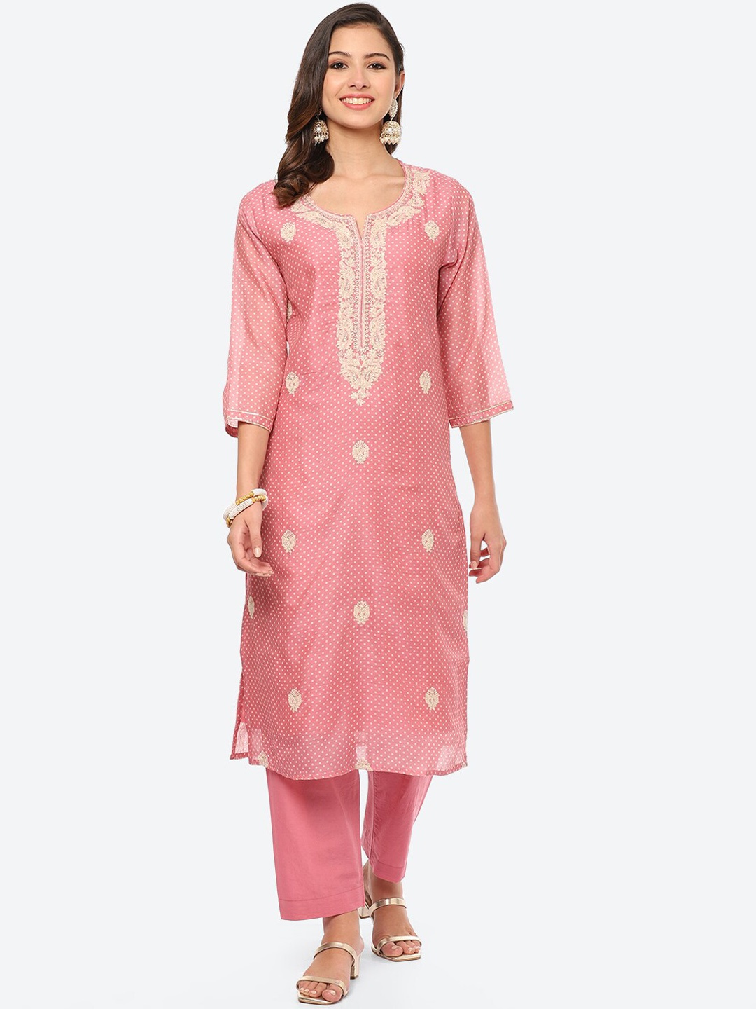 

Meena Bazaar Women Pink Ethnic Motifs Printed Thread Work Kurta with Trousers