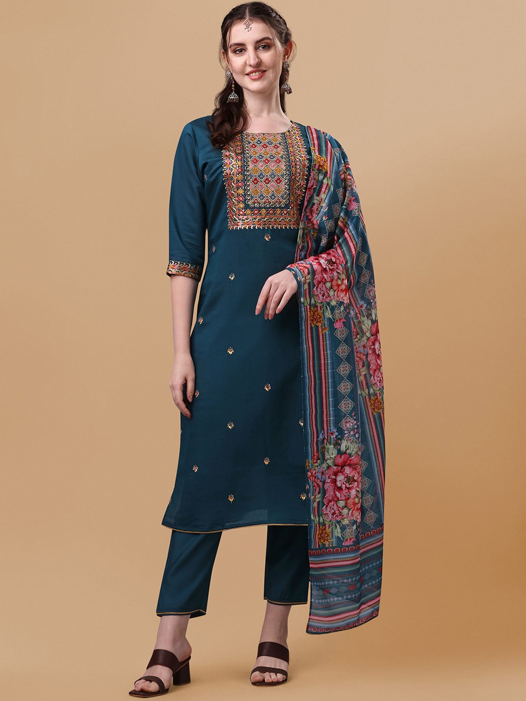 

Berrylicious Women Teal Embroidered Chanderi Cotton Kurta with Trousers & With Dupatta