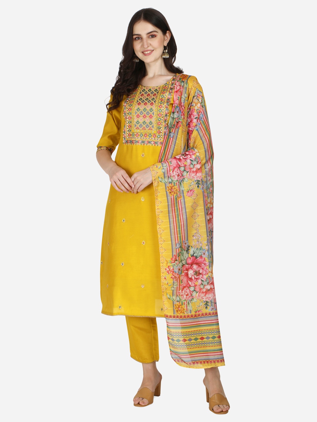 

Berrylicious Women Mustard Yellow Floral Chanderi Cotton Kurta with Trousers & Dupatta