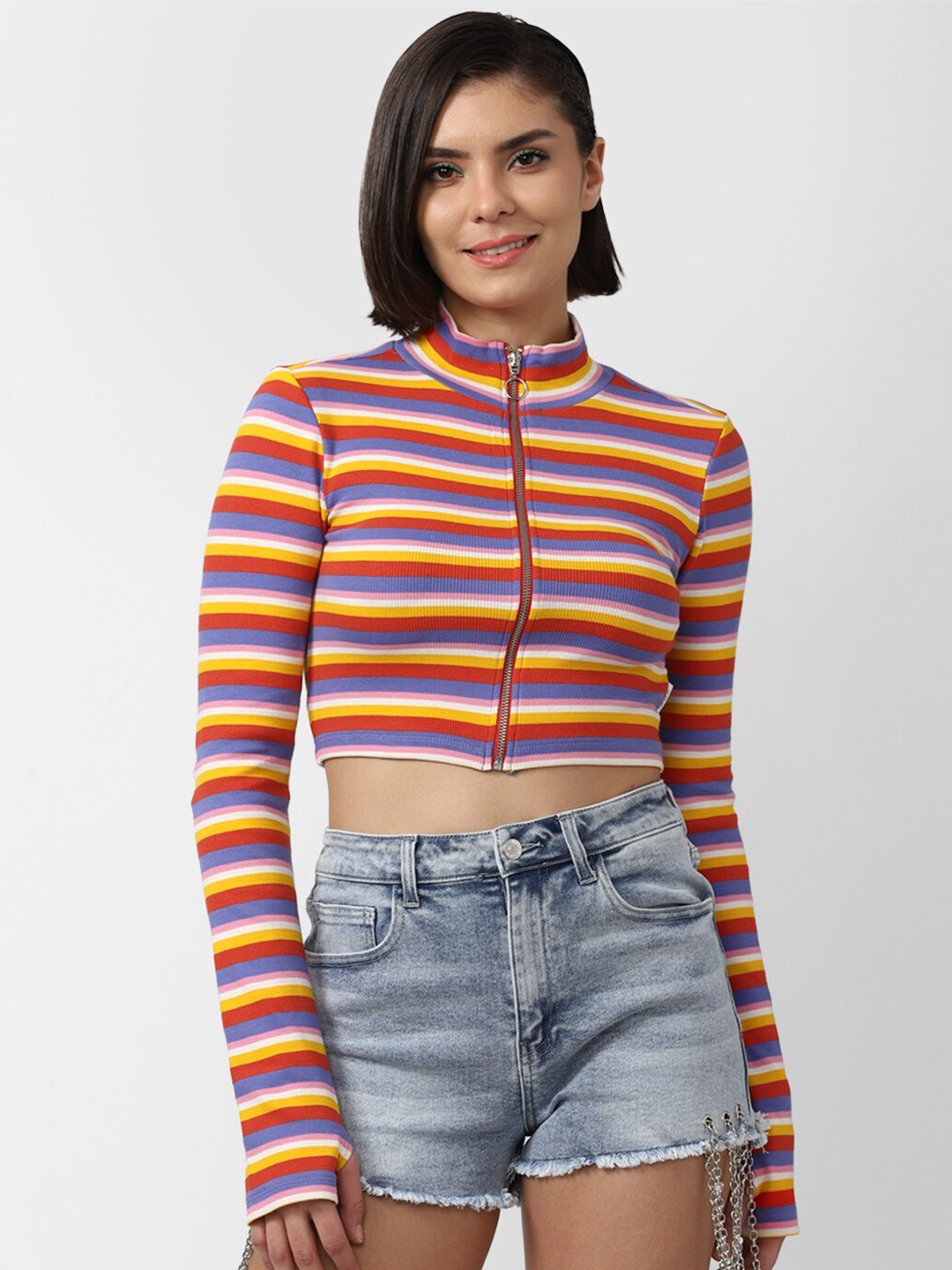 

FOREVER 21 Red & Yellow Printed Striped Crop Top, Multi