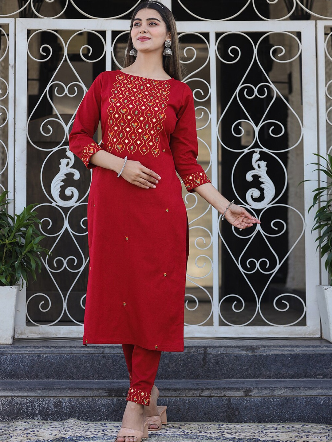 

KAAJH Women Maroon Embroidered Mirror Work Pure Cotton Kurta with Trouser Set