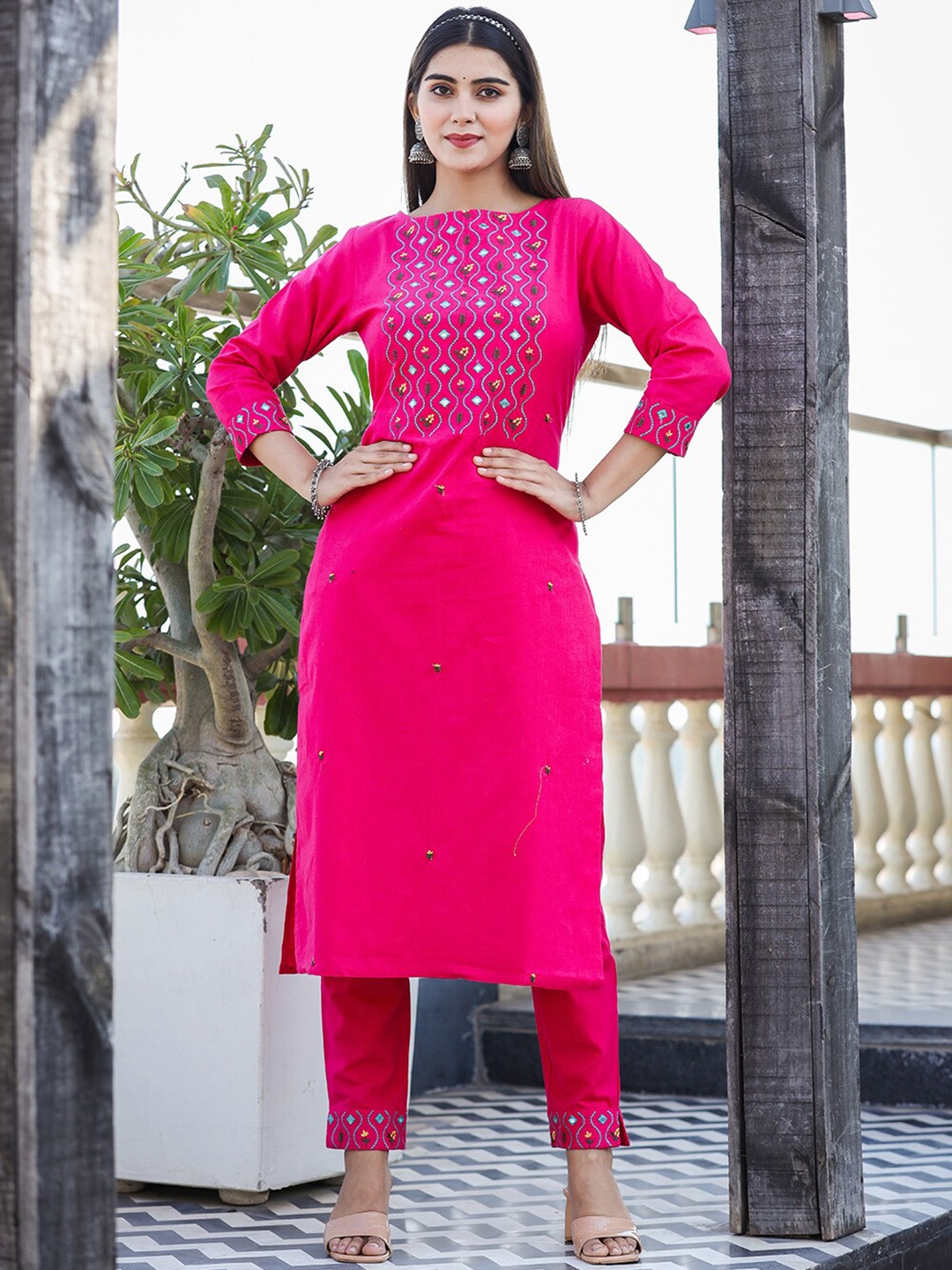 

KAAJH Women Pink Embroidered Mirror Work Pure Cotton Kurta with Trouser set