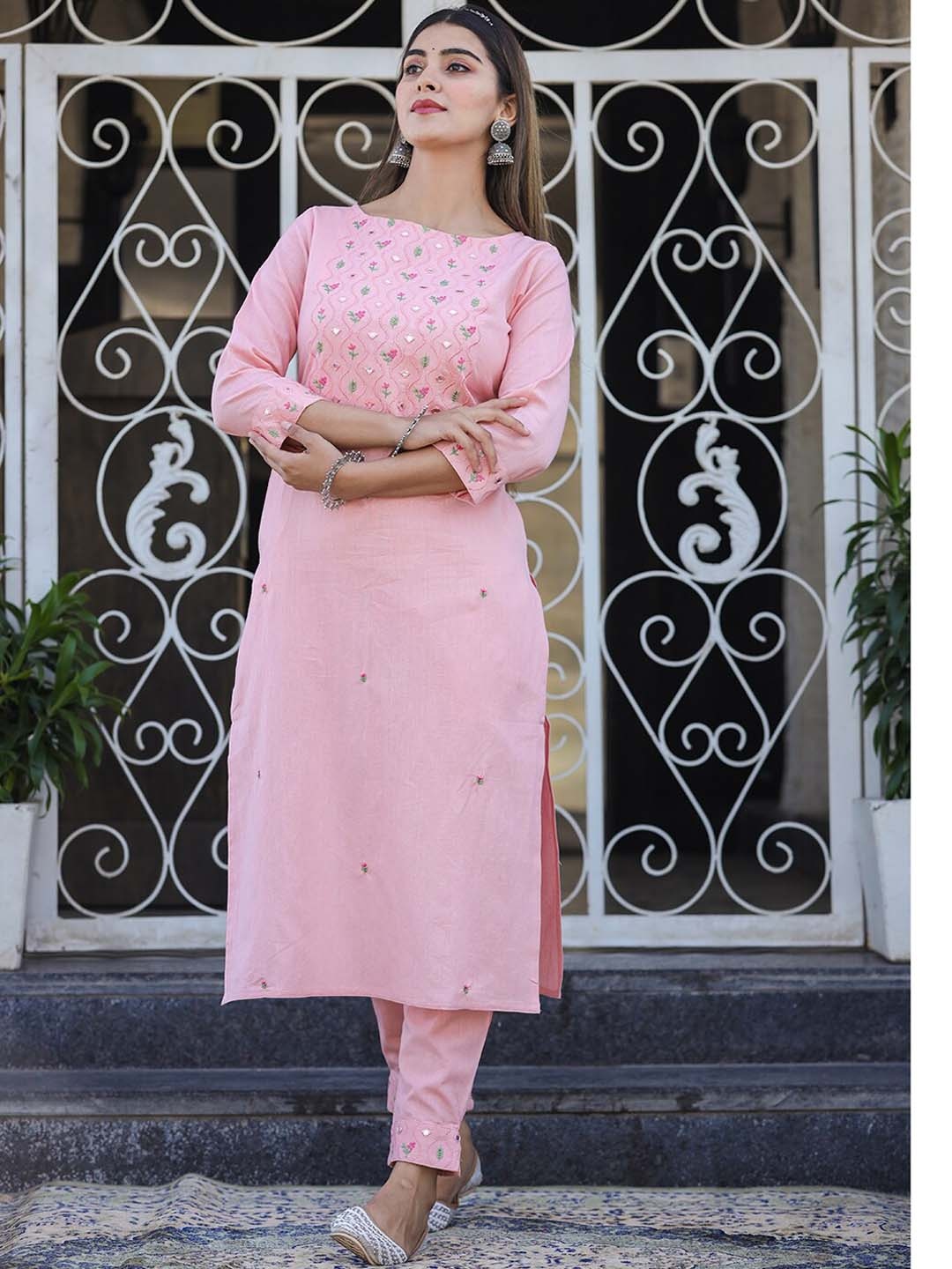 

KAAJH Pink Floral Embroidered Mirror Work Pure Cotton Kurta with Trousers