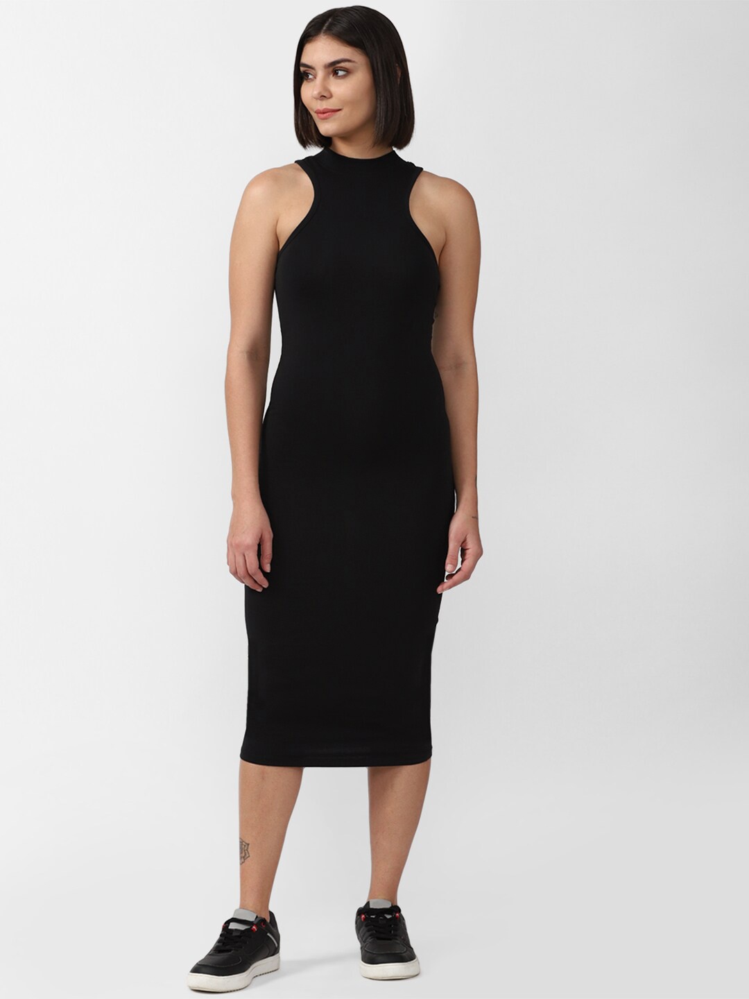 

FOREVER 21 Black Mock Neck Bodycon Midi Cotton Dress