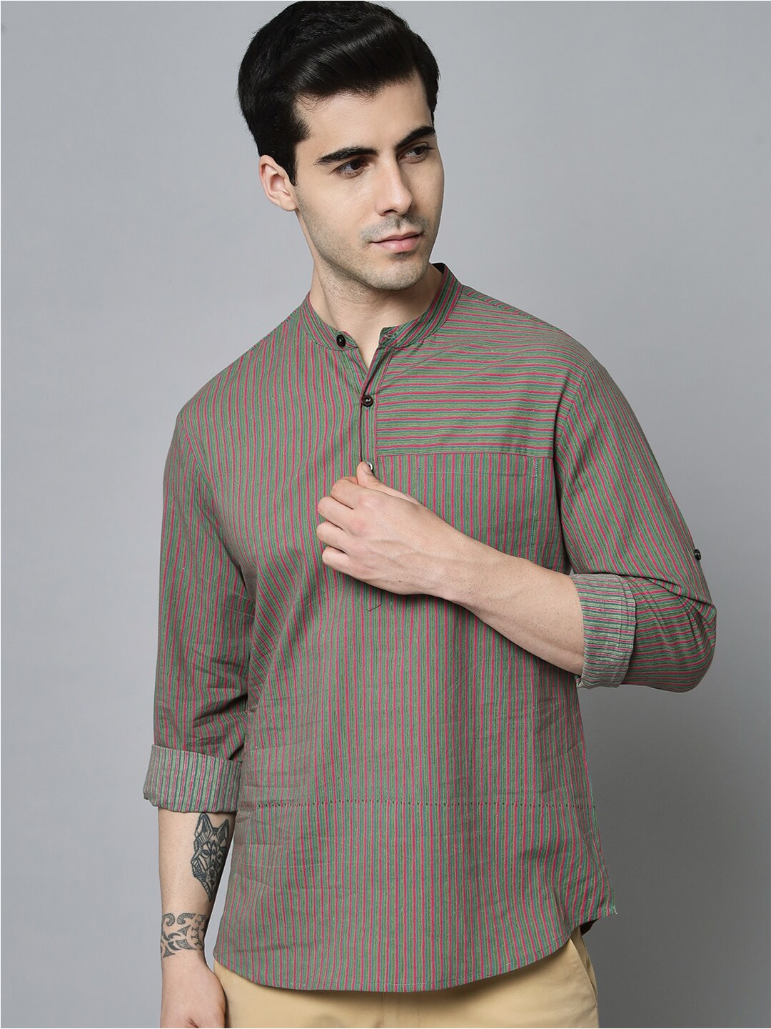 

Sutidora Men Grey Classic Striped Cotton Causal Shirt