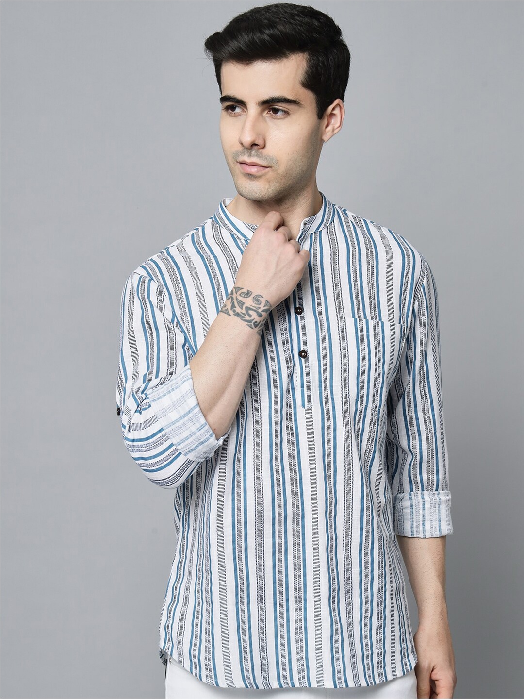 

Sutidora Men White Classic Striped Cotton Causal Shirt