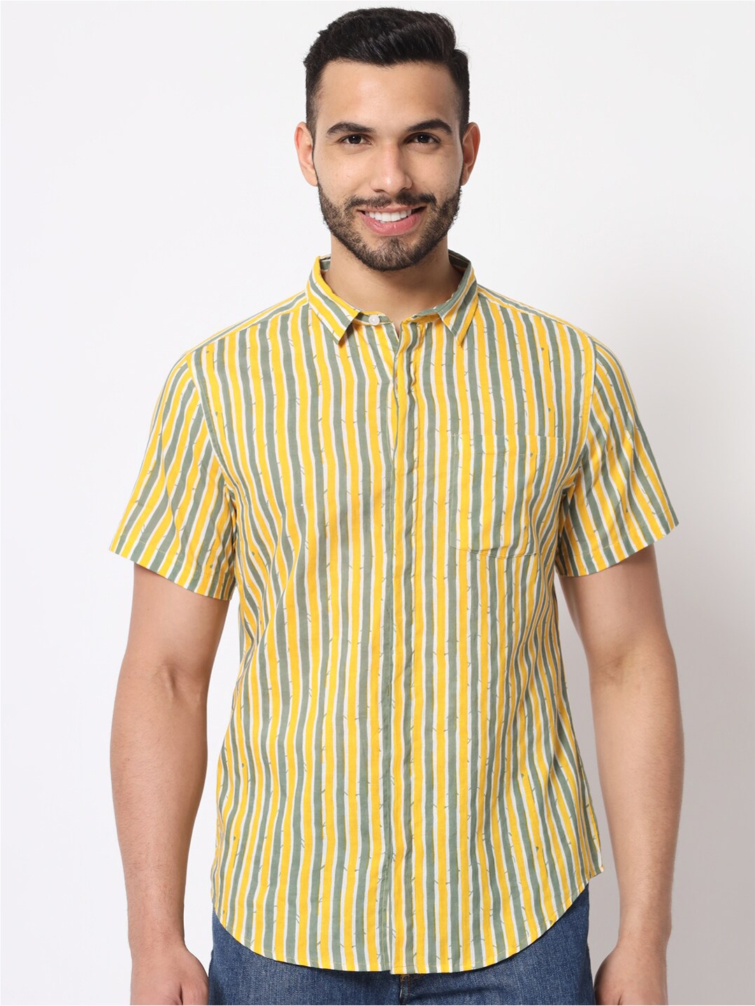 

Sutidora Men Yellow Classic Striped Cotton Causal Shirt