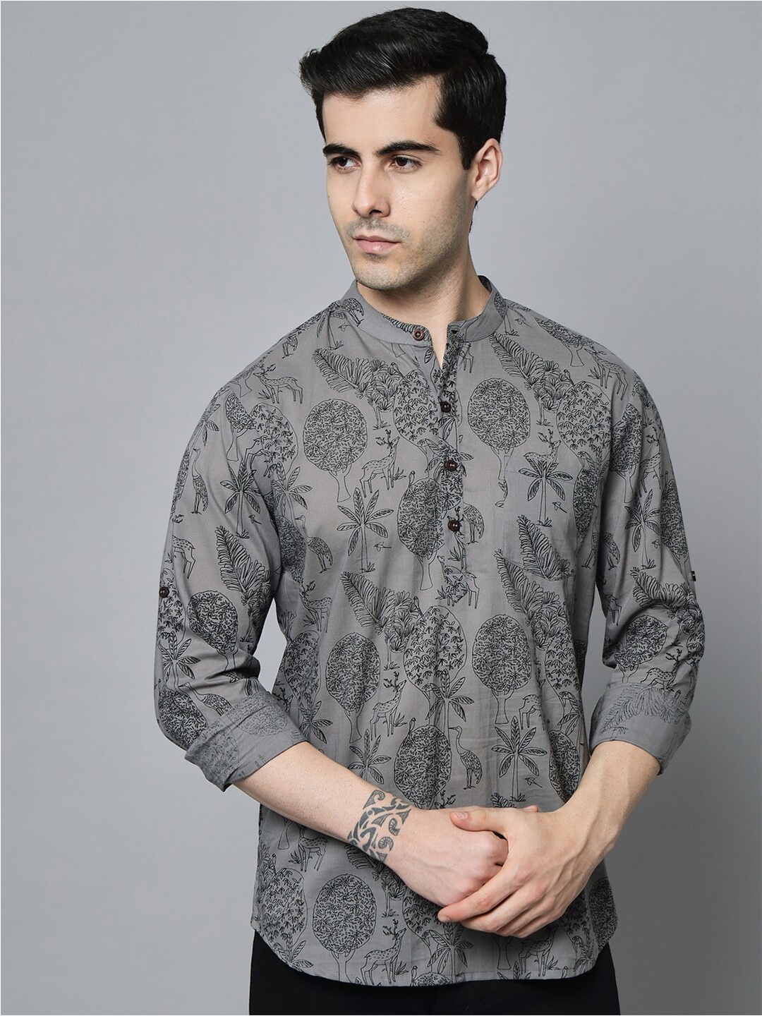 

Sutidora Men Grey Classic Printed Cotton Causal Shirt