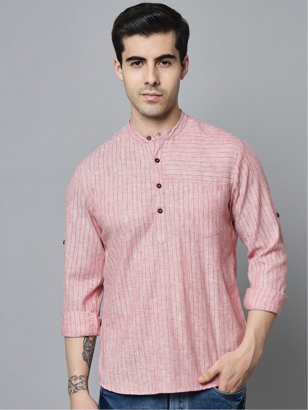 

Sutidora Men Classic Striped Cotton Causal Shirt, Pink