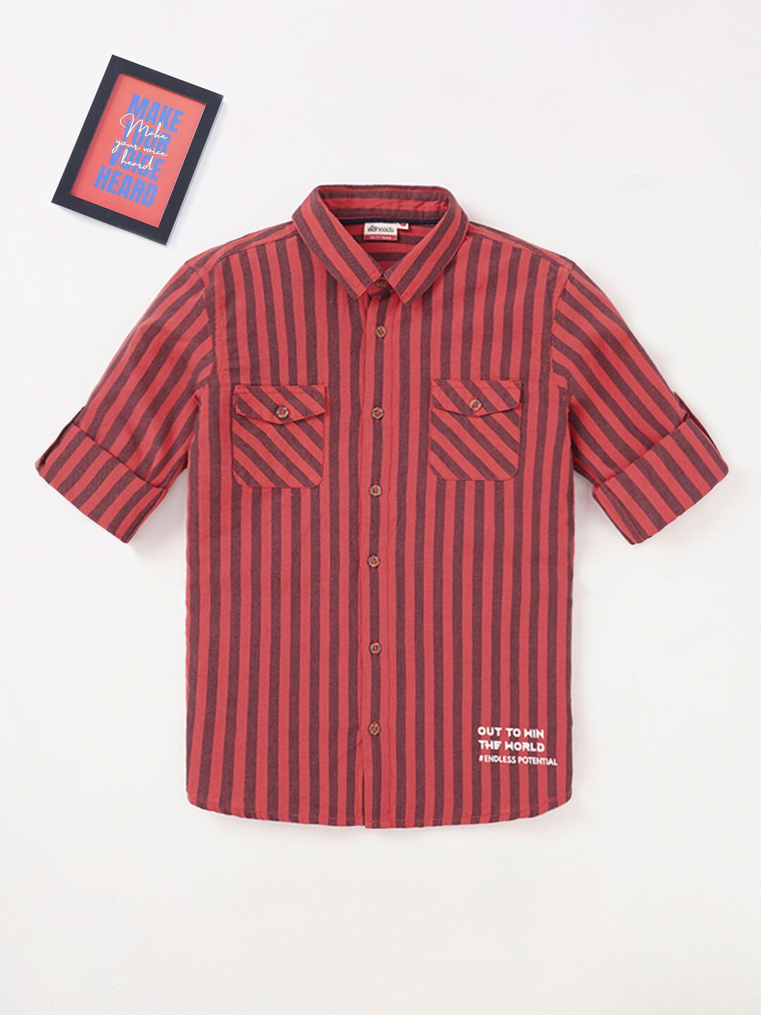 

edheads Boys Red Printed Striped Casual Cotton Shirt