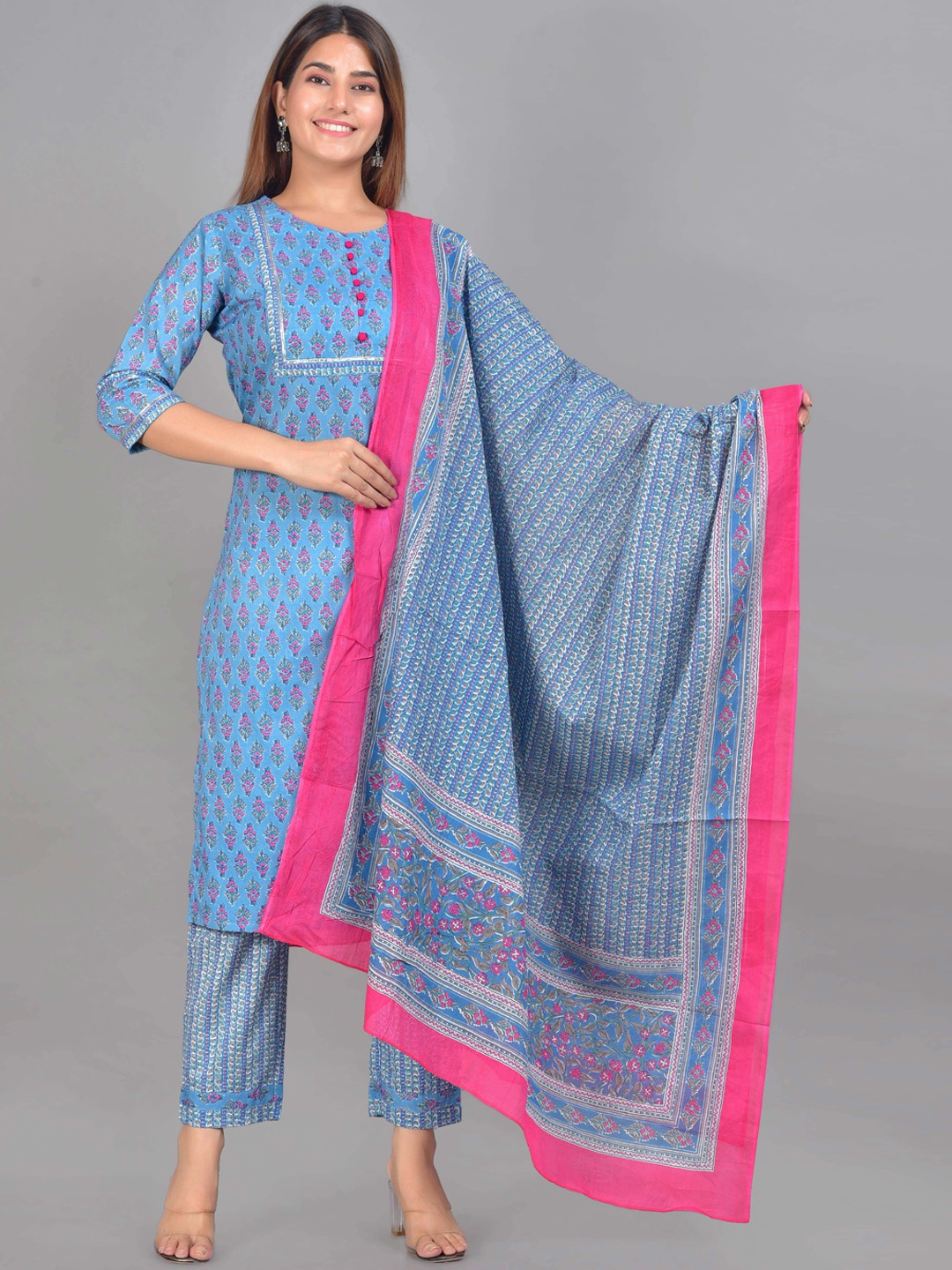 

Senyora Women Purple Floral Printed Pure Cotton Kurta with Trousers & With Dupatta