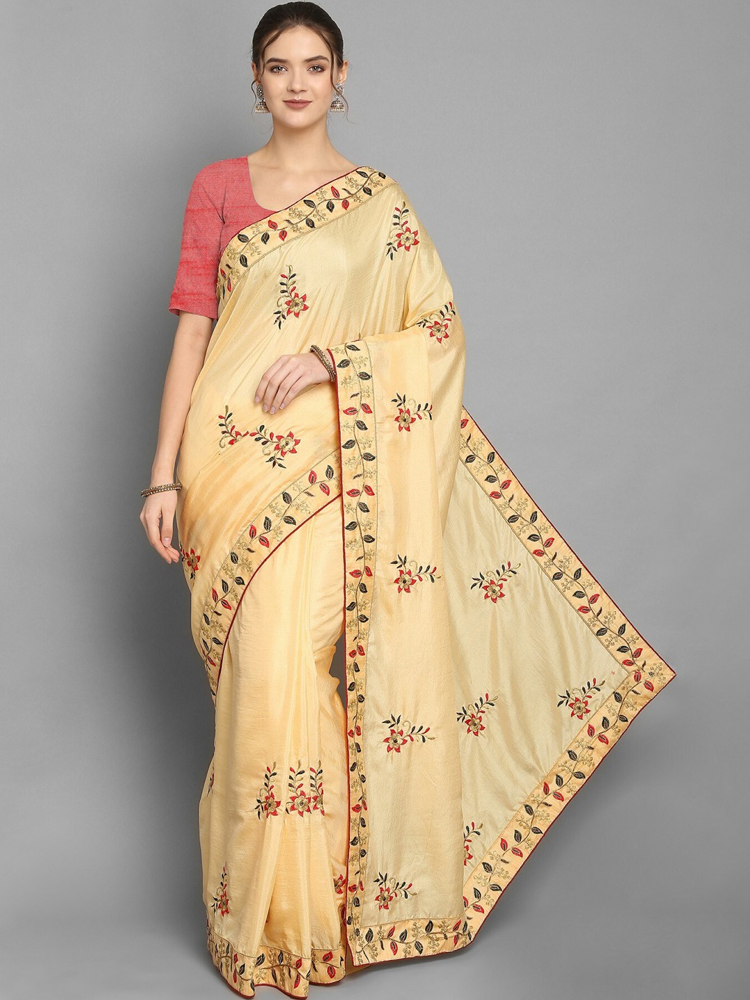 

Vrundavan ethics Beige & Red Floral Embroidered Leheriya Saree