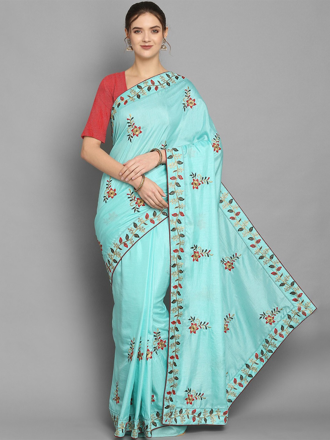 

Vrundavan ethics Turquoise Blue & Red Floral Leheriya Saree