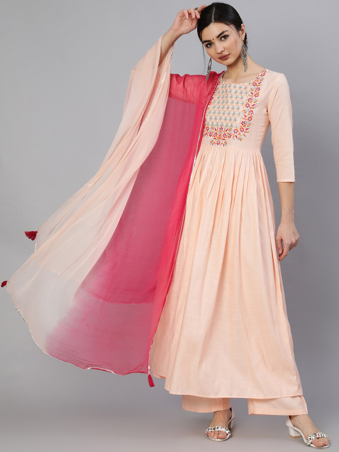 

INDIE CLOSET Women Peach & Pink Embroidered A-Line Kurta with Palazzos & With Dupatta