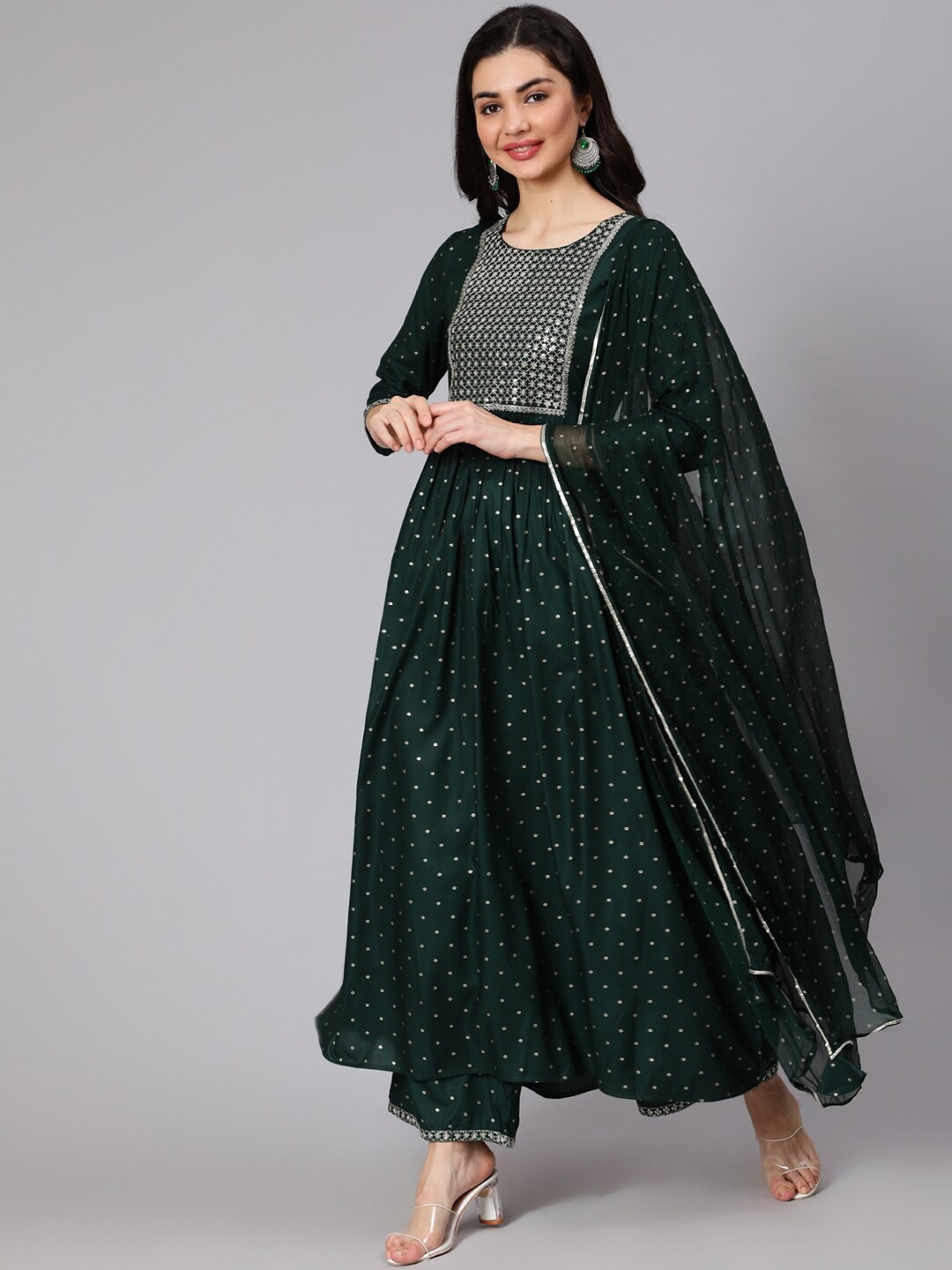 

INDIE CLOSET Women Green Embroidered Anarkali Kurta with Palazzos & With Dupatta